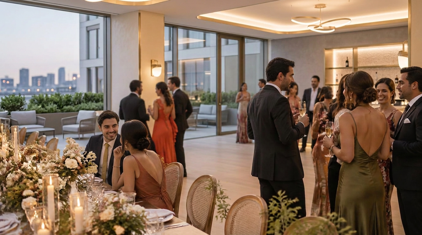 Invitados de traje y vestido largo brindando con copa en un salón elegante de hotel, con ventanales al atardecer